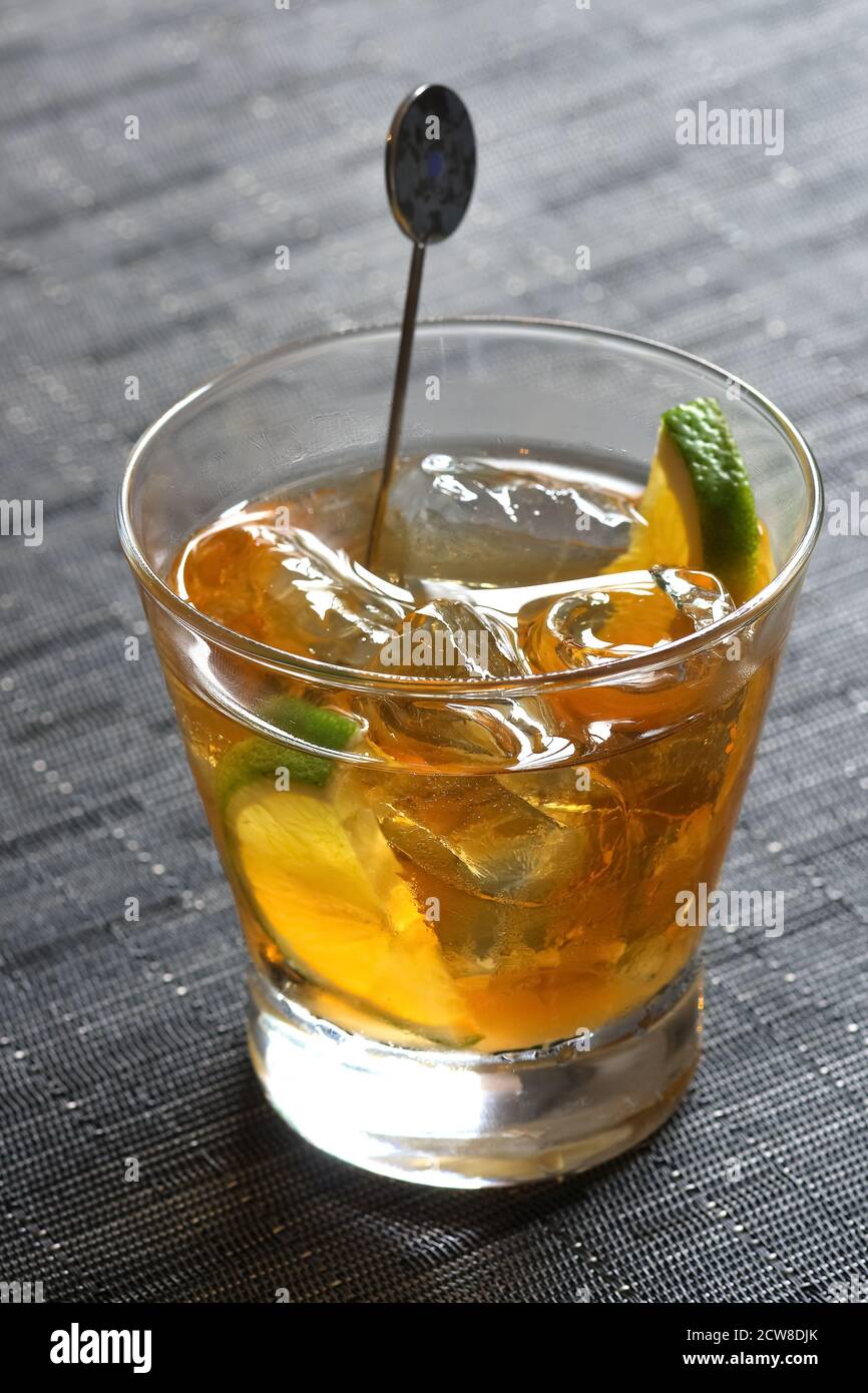 Old Fashioned, classic drink with bourbon, bitter and sugar Stock Photo