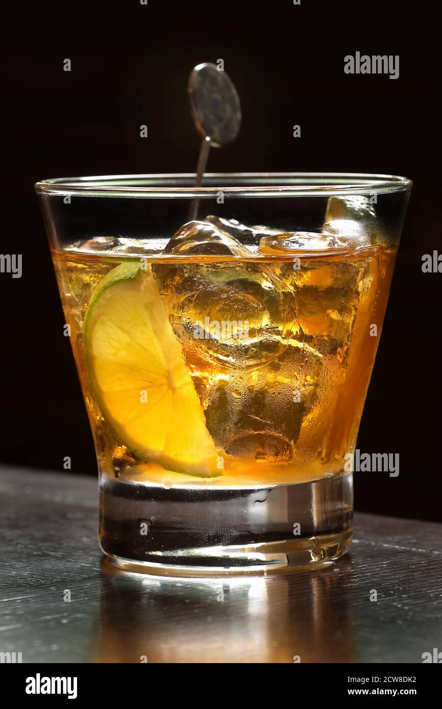 Old Fashioned, classic drink with bourbon, bitter and sugar Stock Photo