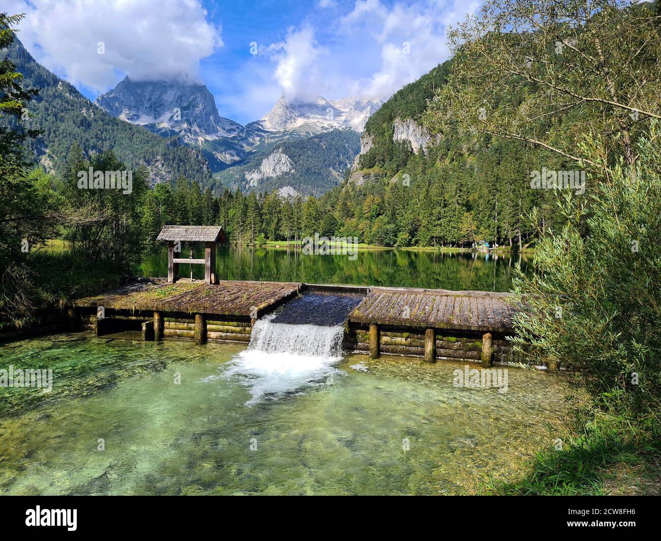 Austria, weir on the small lake called Schiederweiher in the Kalkalpen National Park which was voted the most beautiful place in Austria in 2019, loca Stock Photo