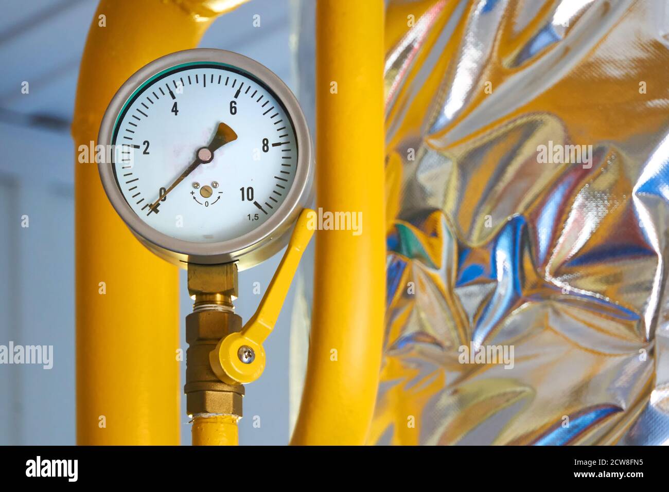 The pressure sensors indicates the pressure on the pipeline gas painted in yellow color. Stock Photo