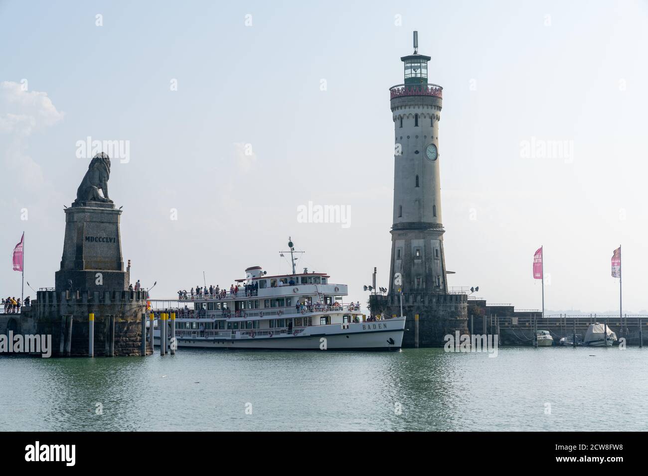 Lindau, Bavaria / Germany - 20 September 2020: passenger ship enters the protected harbor on Lindau Island on Lake Constance in Bavaria Stock Photo