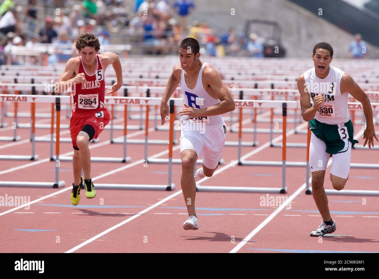 Austin, TX May 10, 2008: African-American, Anglo boys strain towards the finish line in the 110-meter high hurdles at the Texas state UIL High School Track meet at the University of Texas at Austin.      ©Bob Daemmrich/ Stock Photo