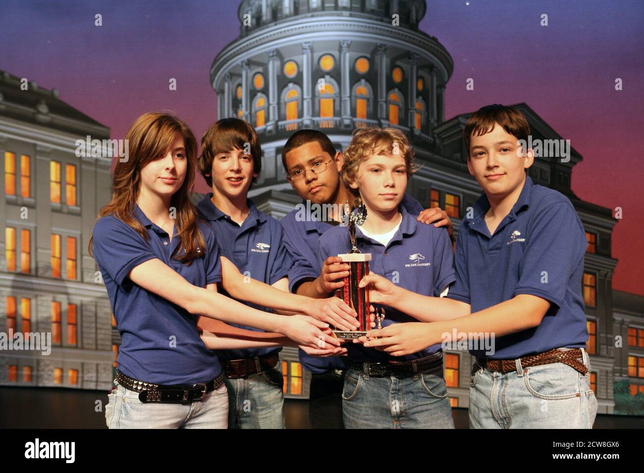 Austin, TX: May 3, 2008. Eighth grade middle school winners of the Texas Quiz Show competition at Texas History Day at the Bob Bullock State History Museum where students relive history with plays, displays and game shows. ©Bob Daemmrich Stock Photo