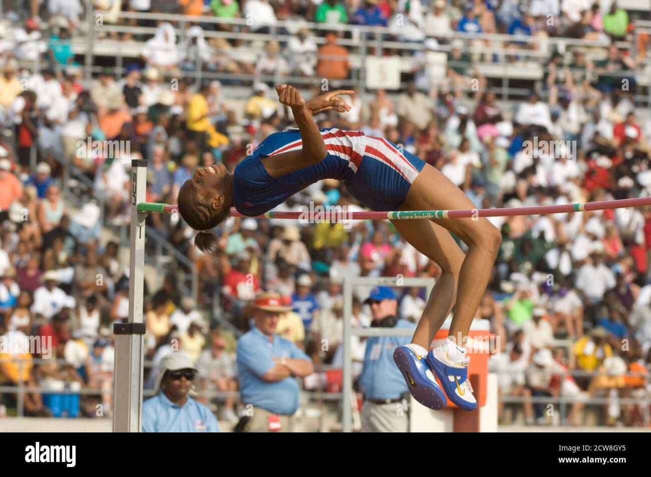 Austin, TX May 10, 2008: African-American girl goes over high-jump bar at the Texas high school state championships track and field meet at the University of Texas at Austin. ©Bob Daemmrich Stock Photo