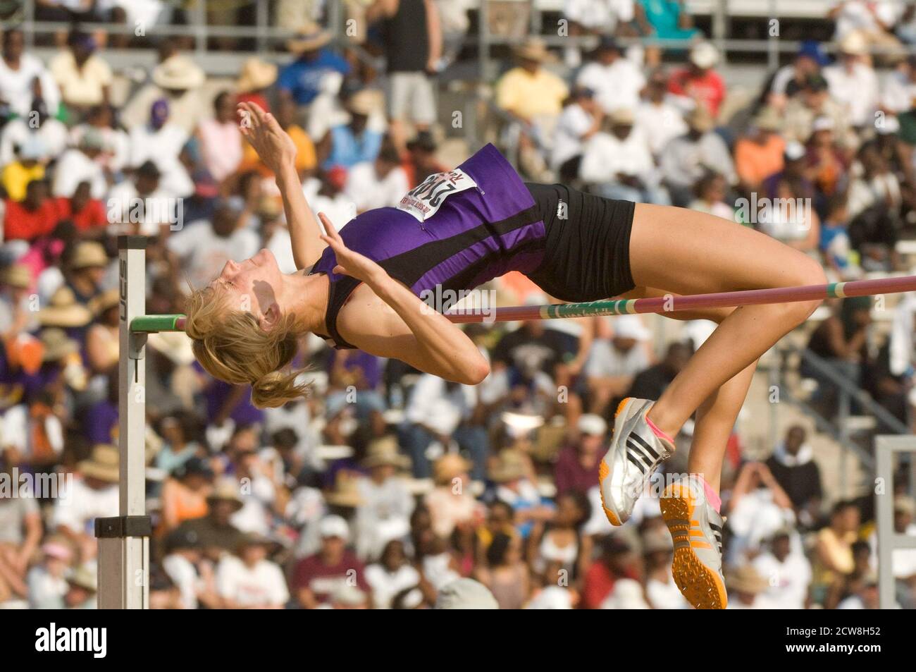 Austin, TX May 10, 2008: Anglo girl goes over high-jump bar at the Texas high school track and field state championship meet at the University of Texas at Austin.      ©Bob Daemmrich/ Stock Photo