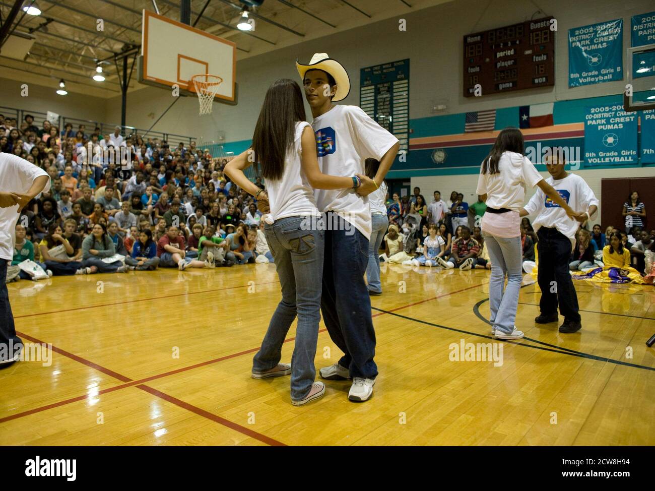 Pflugerville, TX  June 2, 2008: Students dancing at an assembly at annual celebration of humanity at Park Crest Middle School's 'Diversity Day',featuring ethnic food, skits, poetry readings and music for sixth through eighth graders.  ©Bob Daemmrich Stock Photo