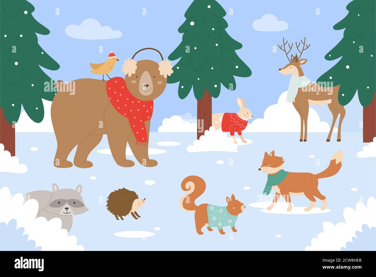 Animals In Winter Forest Vector Illustration Cartoon Flat Cute Animalistic Group Of Characters Wearing Scarf Or Sweater Standing Together In Wild Snow Nature Woods Landscape Wintertime Background Stock Vector Image Art