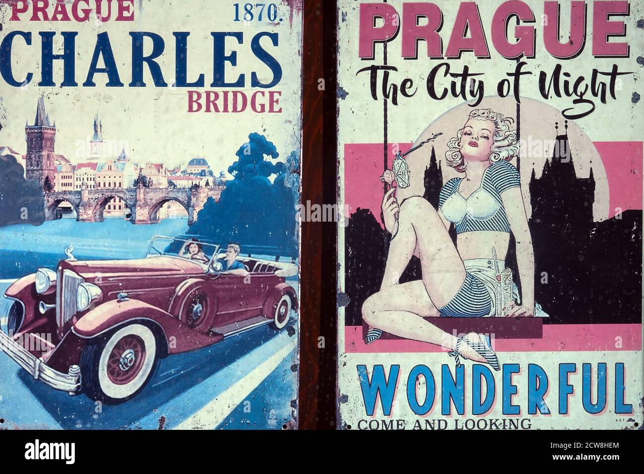 Prague posters Old vintage travel posters Charles Bridge metal Poster Stock Photo