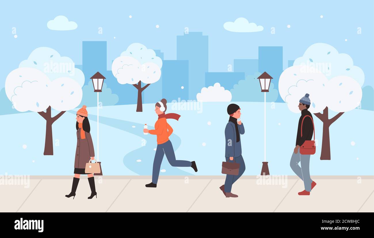 People on winter city street vector illustration. Cartoon flat snowy  cityscape with modern skyscrapers, walking or running man woman characters  wearing winter clothes, snow on street road background Stock Vector Image &