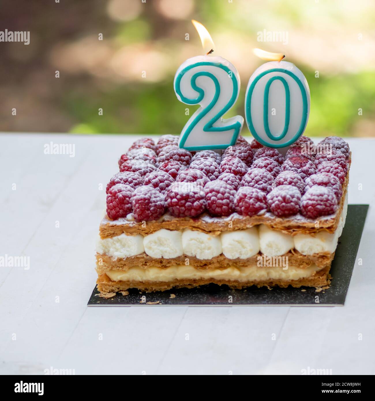 th Birthday Raspberry Cake With Burning Candles Celebration Stock Photo Alamy