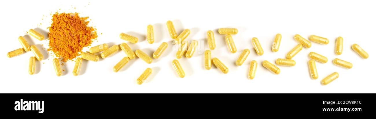 Vitamin B Capsules and Powder Panorama isolated on white Background Stock Photo