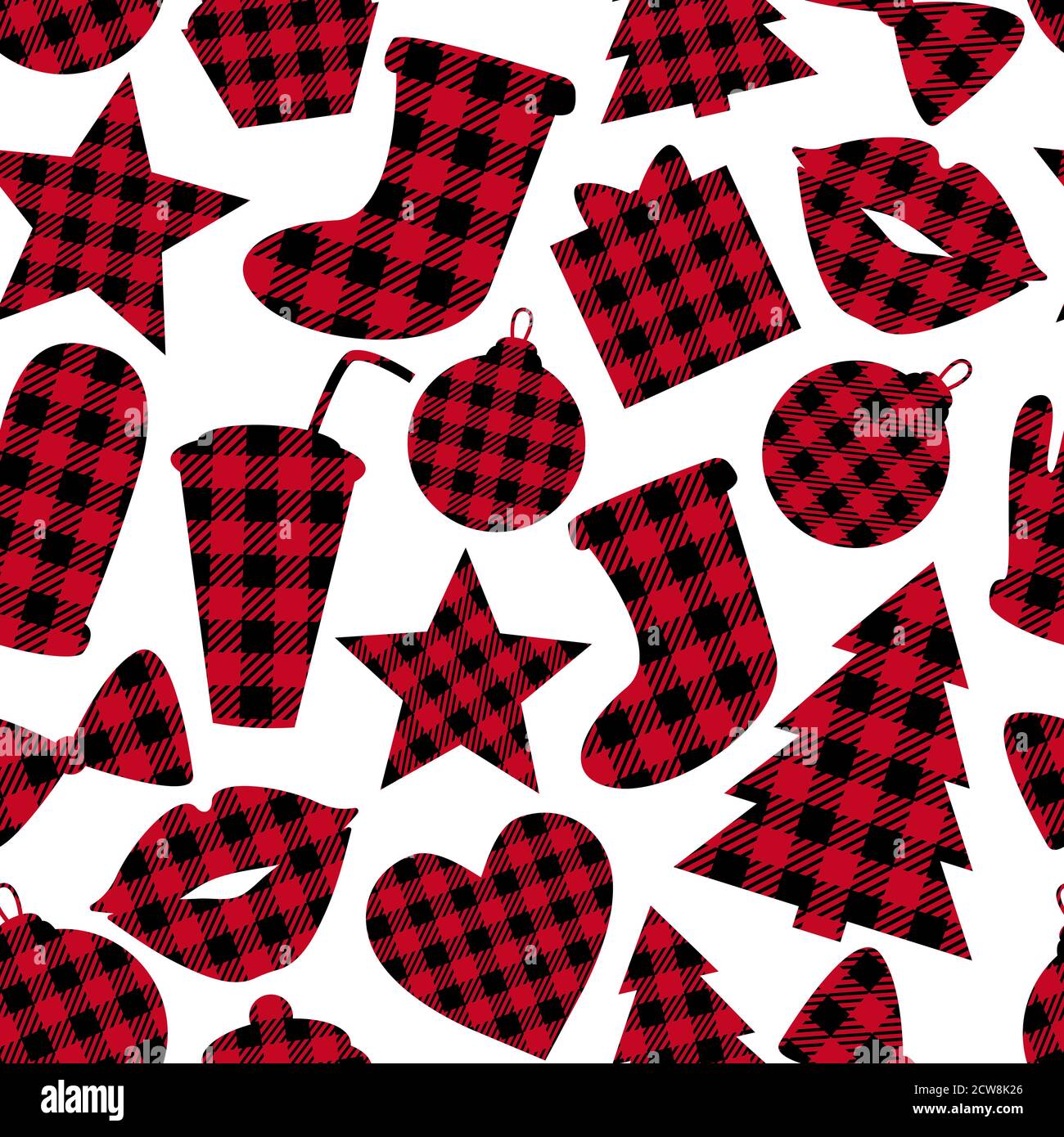 Checkered Hat, gloves, seamless pattern. Red and white vichy color. Winter Merry Christmas design surface. Vector illustration isolated on white Stock Vector