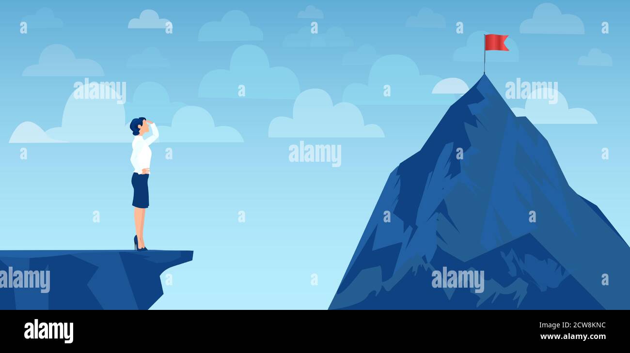 Vector of a business woman looking at her goal, mountain with red flag on the top Stock Vector