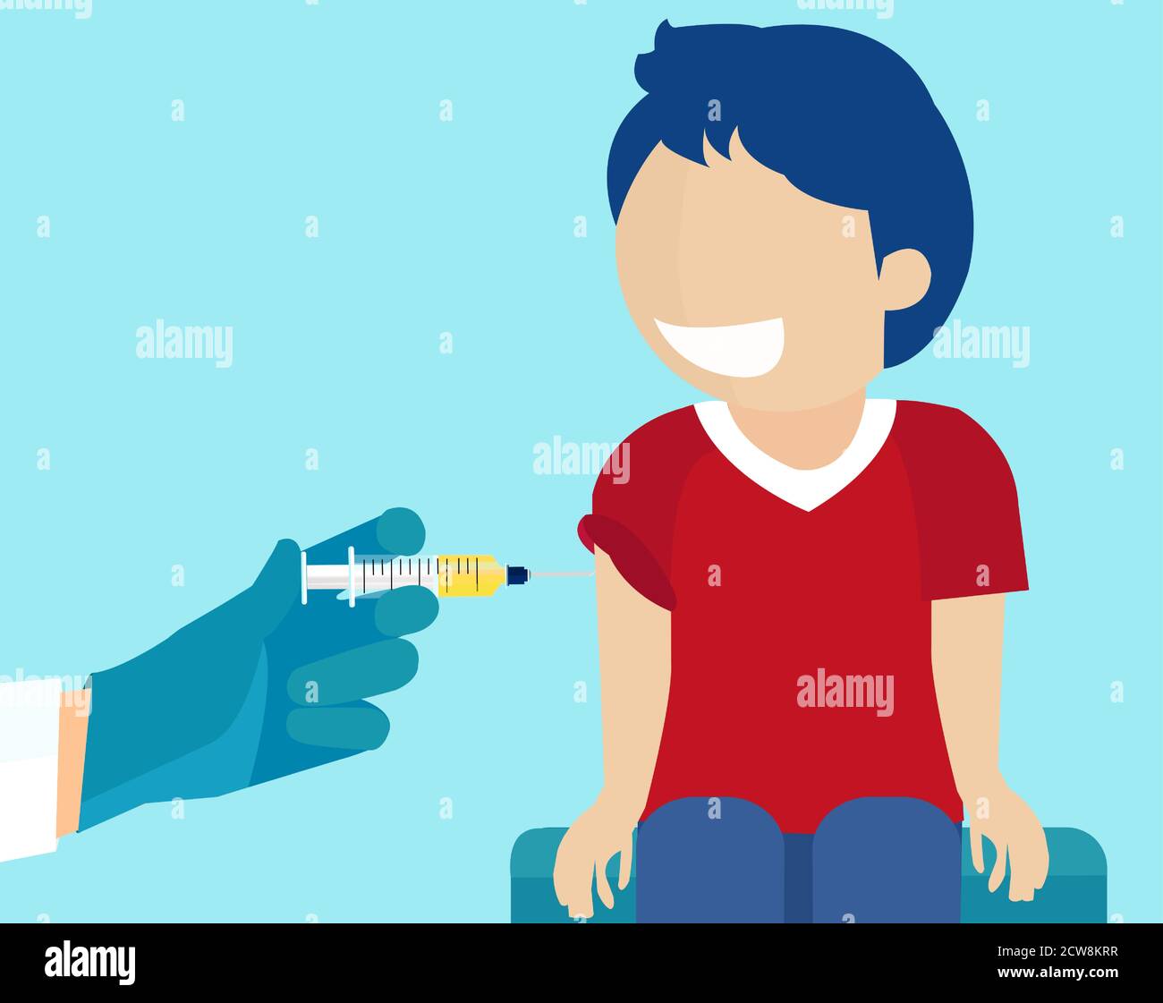 Child vaccination concept. Vector of a doctor with syringe injecting vaccine to a little boy shoulder Stock Vector
