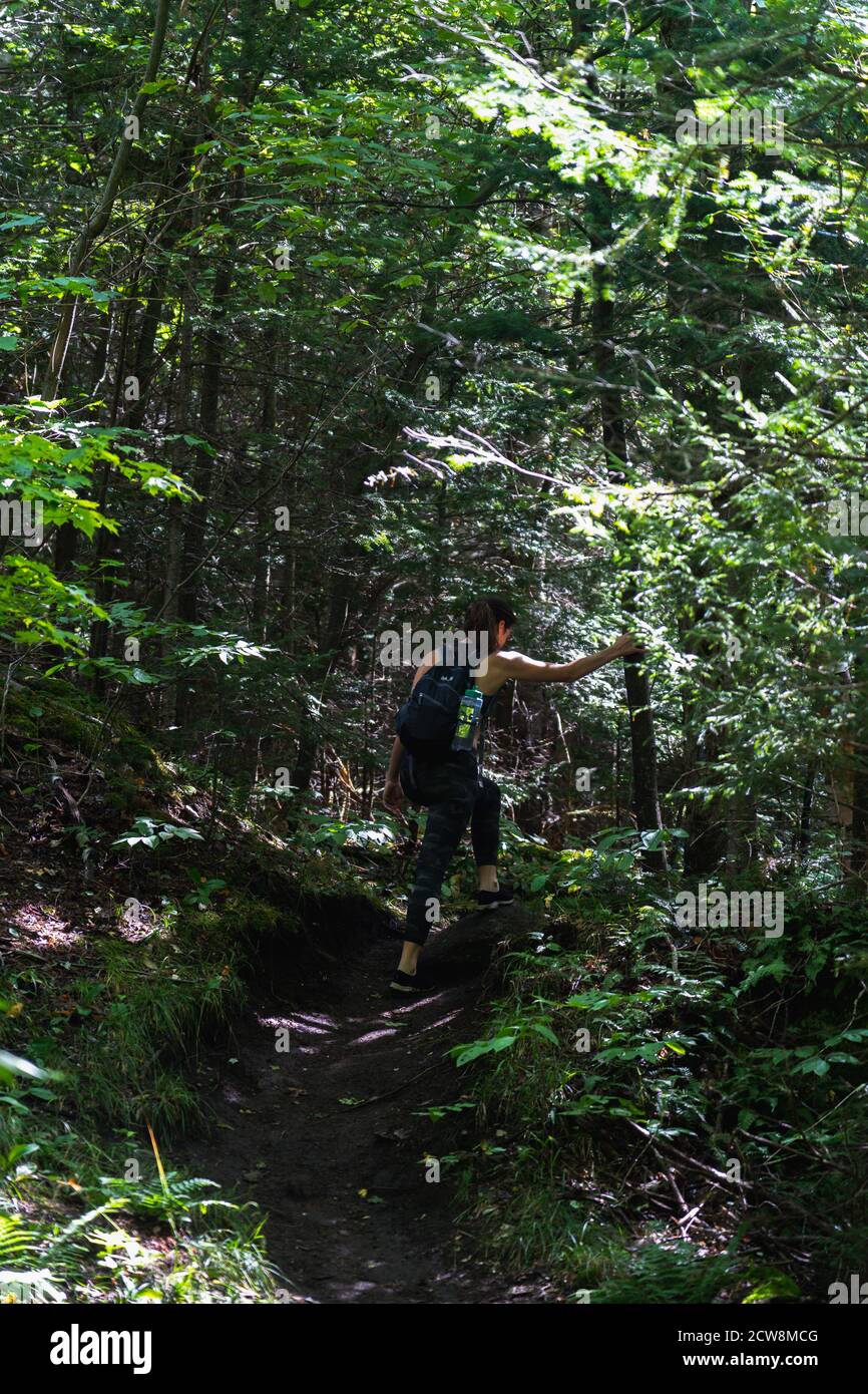 A young woman on a hiking trail in the Adirondacks Stock Photo - Alamy