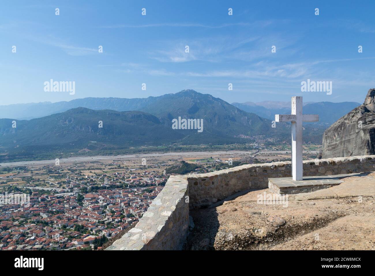 Big white cross near Monastery of Holy Trinity, Meteora, Greece Stock Photo