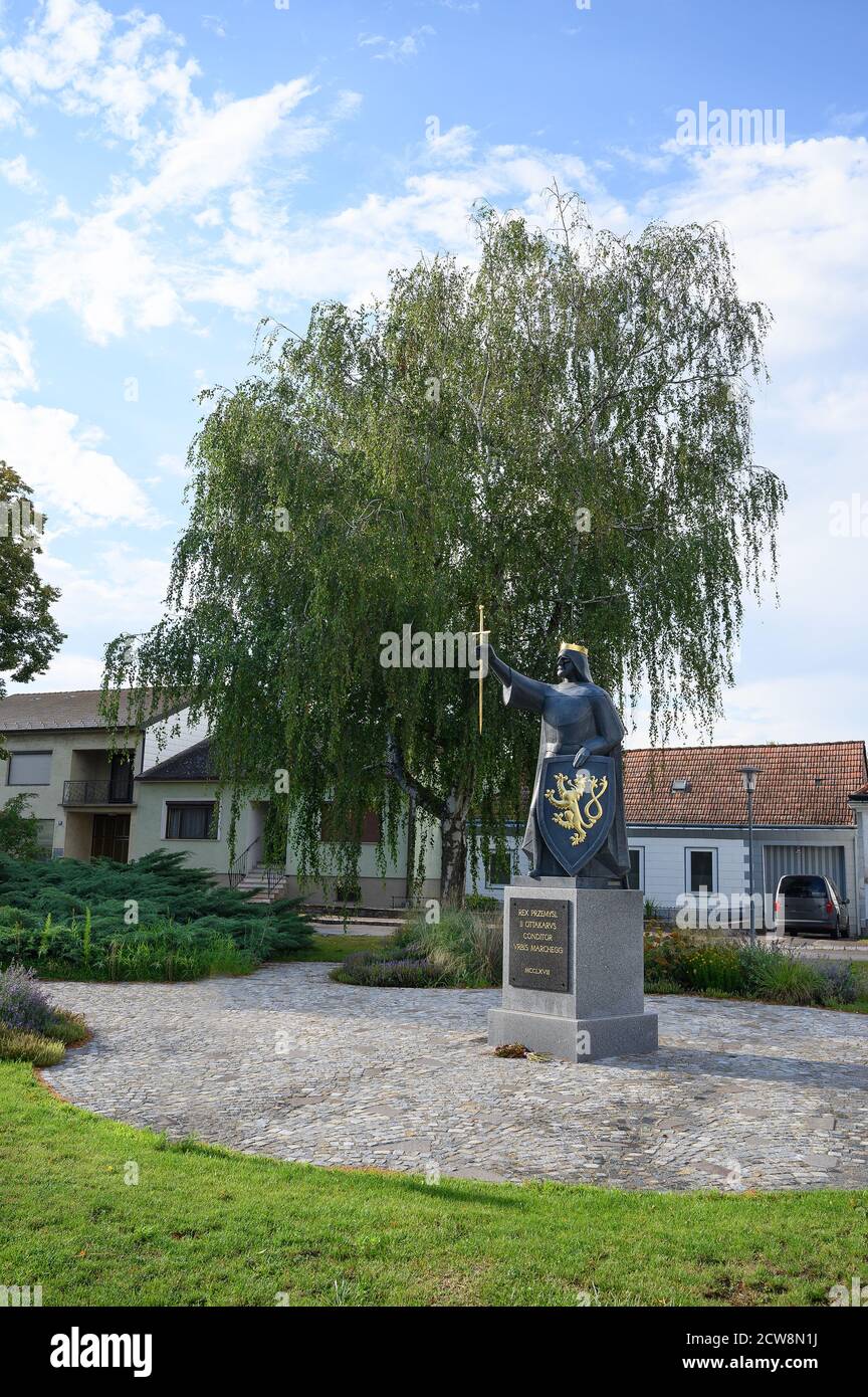 MARCHEGG, AUSTRIA – JULY 21 2020: Statue of king Przemysl Ottokar II founder of town of Marchegg Stock Photo