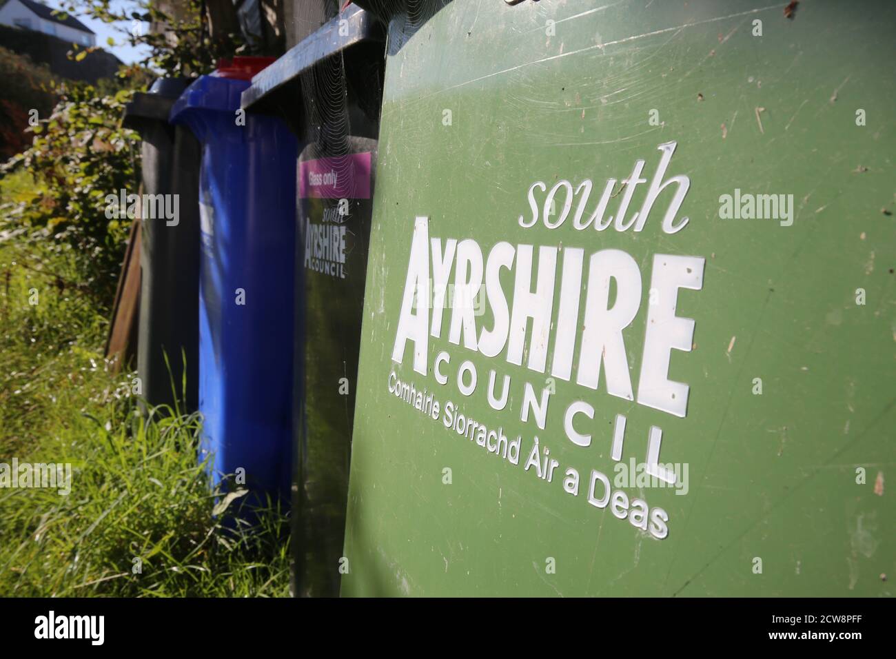 Dunure, Ayrshire, Scotland, wheelie bins belonging to South Ayrshire