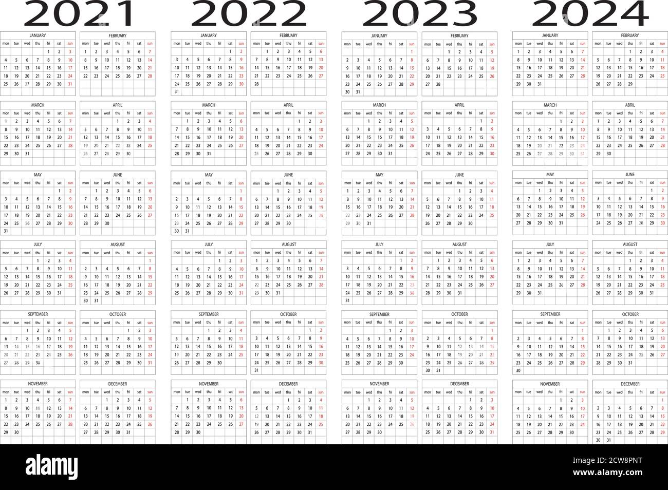 Calendar year 2021 2022 2023 2024 vector Stock Vector