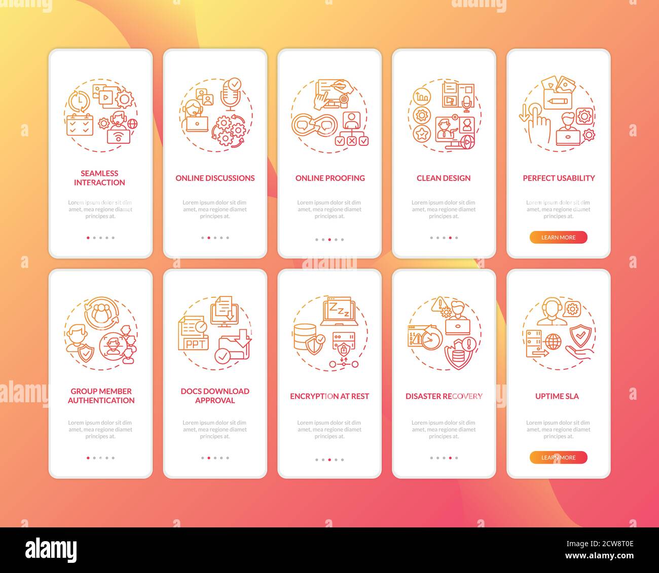 Remote work app features onboarding mobile app page screen with concepts set Stock Vector