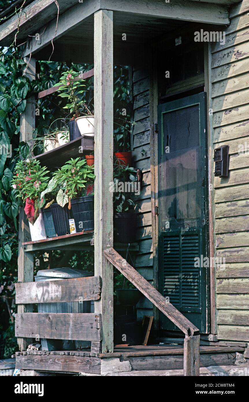 POTTED PLANTS IN PORCH OF WOODEN CLAPBOARD HOUSE IN DOWNTOWN SAVANNAH, GEORGIA, USA, 1980s Stock Photo