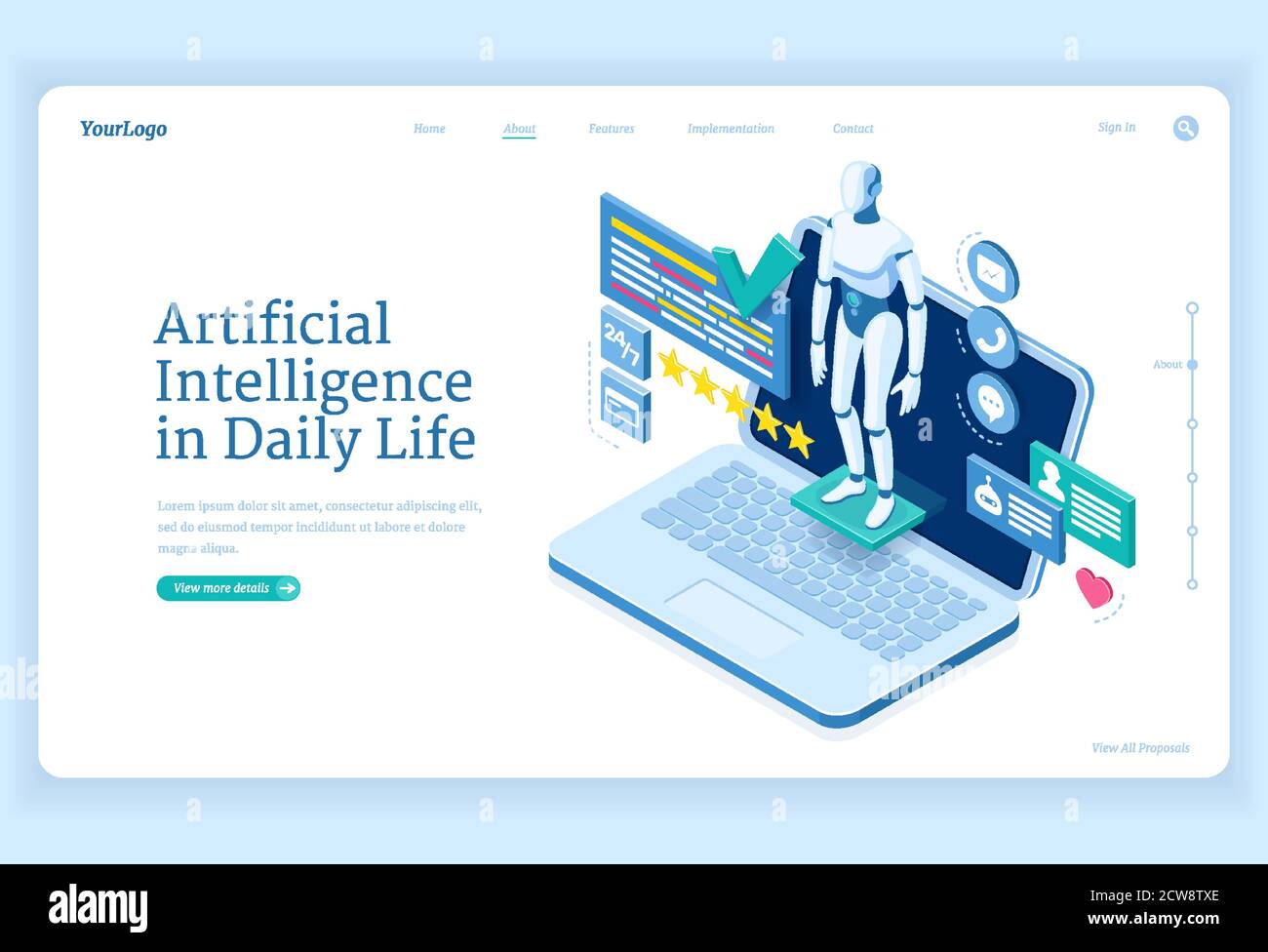 Artificial intelligence in daily life banner. Chat bot, digital assistant concept. Vector landing page of service with AI technologies. Isometric illustration of robot and laptop Stock Vector