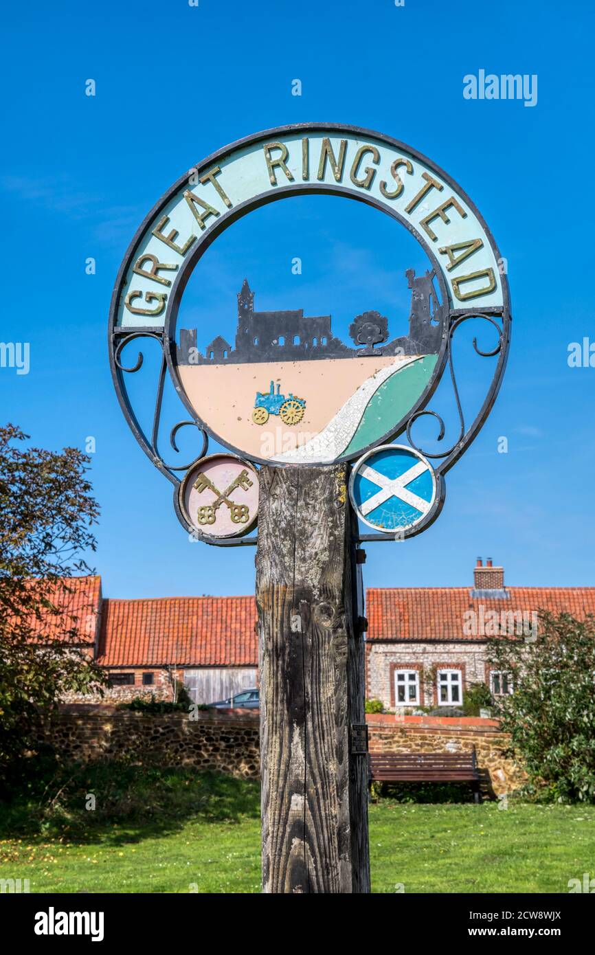 The village sign of Great Ringstead in West Norfolk. Stock Photo