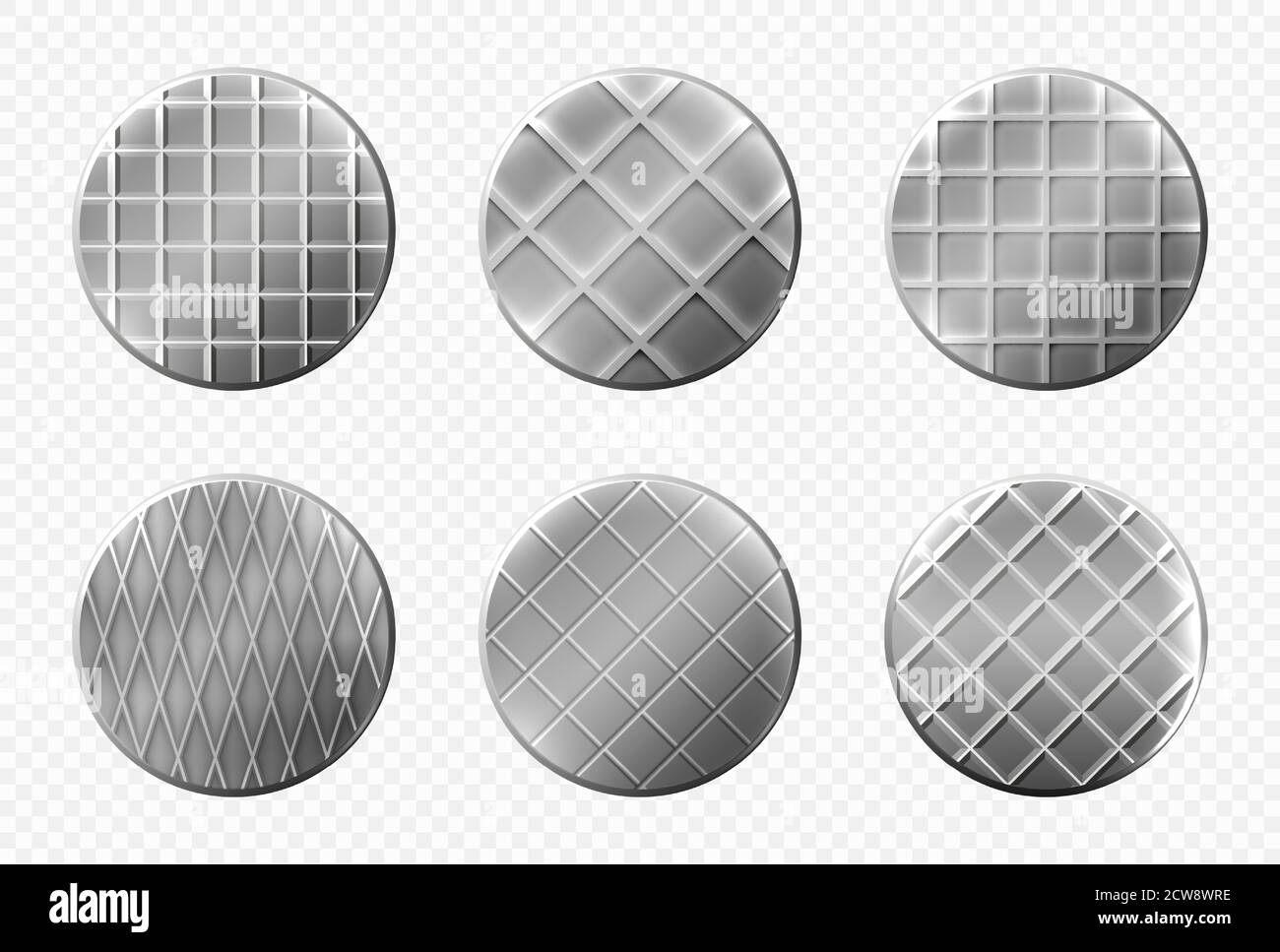 Nails heads top view, steel metal pins with checkered ornament, spikes hardware grey caps with grooves, new hobnails isolated on transparent background. Realistic 3d vector illustration, icons set Stock Vector