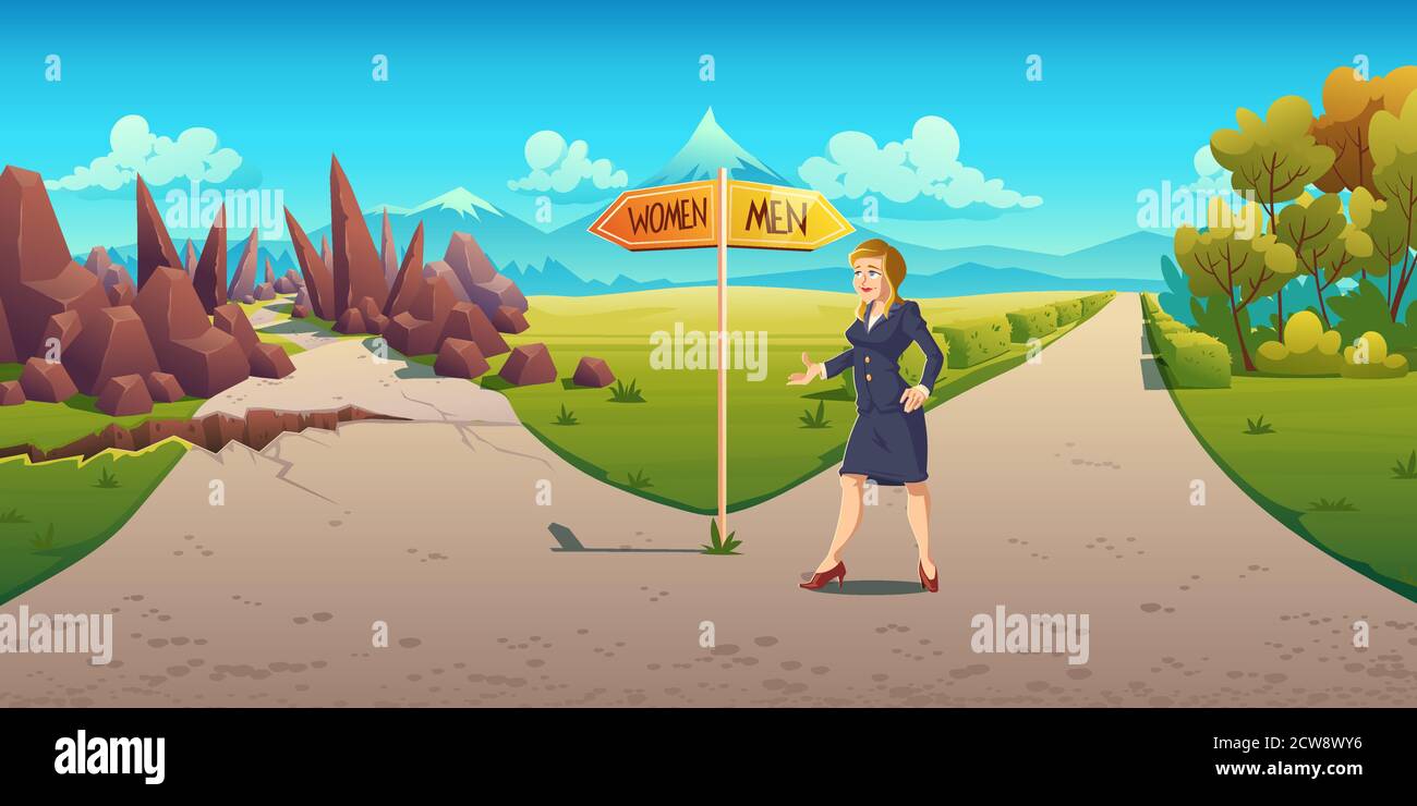 Sexism and discrimination in career growth. Business woman stand at road fork pointing easy way for males and hard path for females. Unequal opportunities, glass ceiling. Cartoon vector illustration Stock Vector
