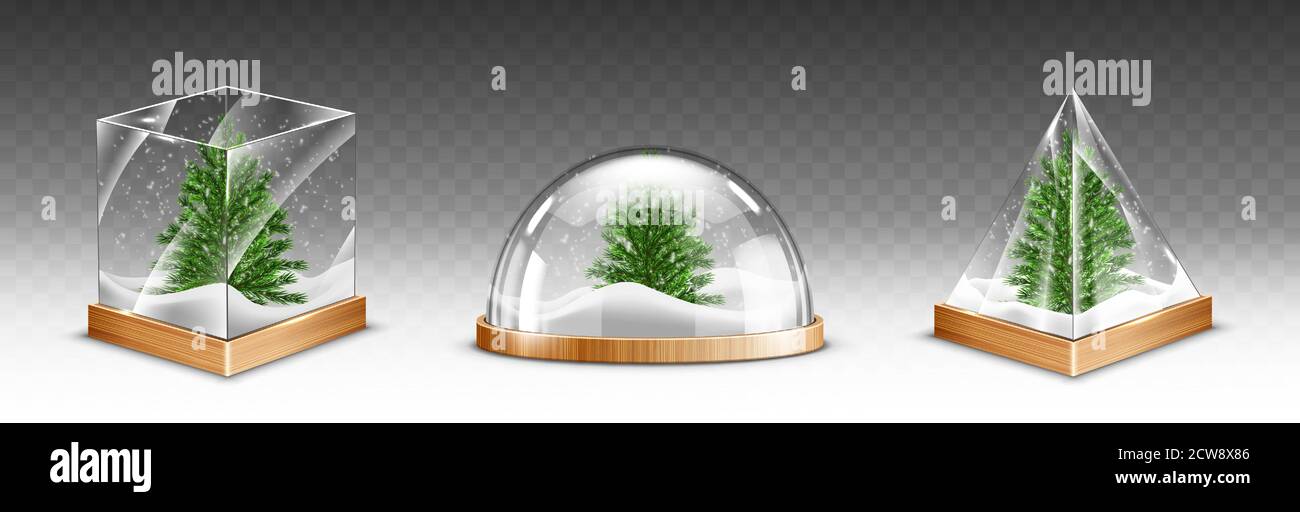 Snow globes with christmas tree on wooden base isolated on transparent background. Vector realistic mockup of crystal balls with white snow and green fir inside. Glass domes different shapes Stock Vector