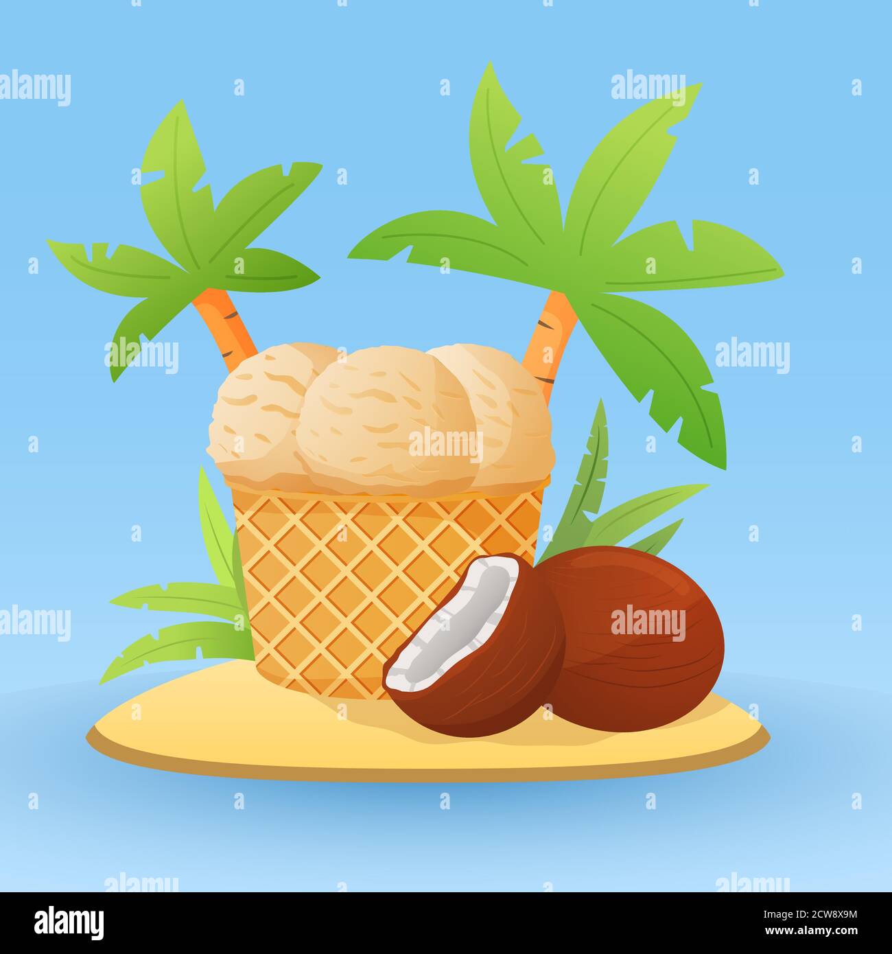 Summer sale banner.Coconut ice cream in waffle cones. Stock Vector