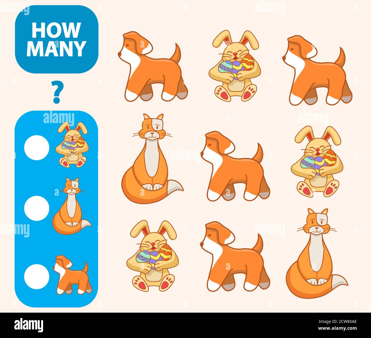 Count how many cats,hares,dogs is educational game. Maths task development of logical thinking of children. Stock Vector