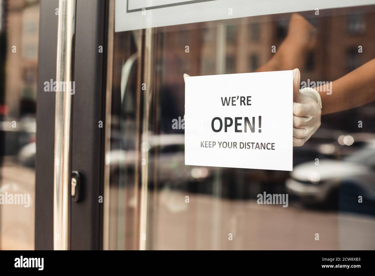 Social distancing, reopening and return to work after lockdown. Hands