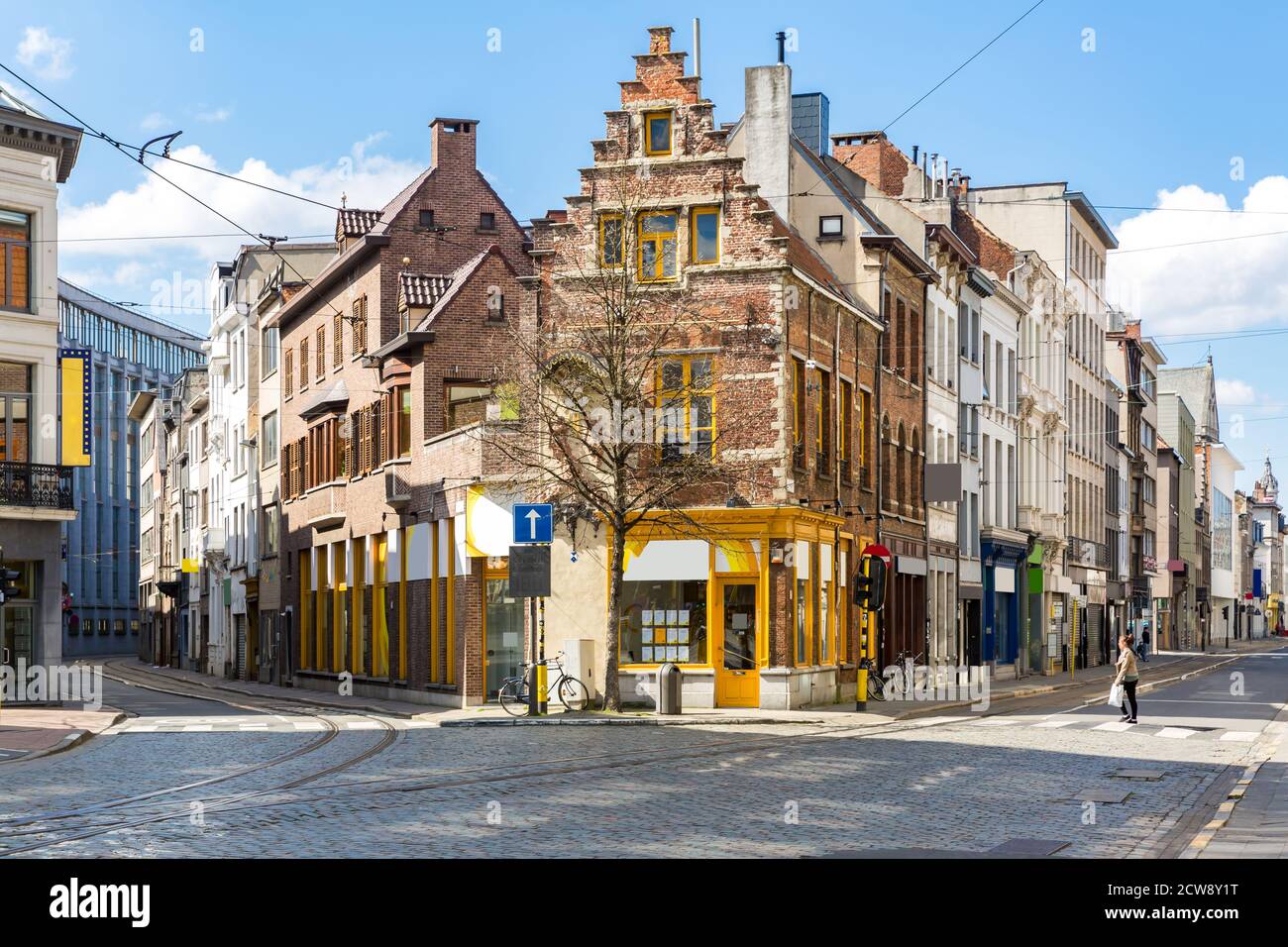 Cityscape of Meir shopping street road in Antwerp downtown in Belgium with tram track. EU Belgium city landmark and shopping center for tourism and tr Stock Photo