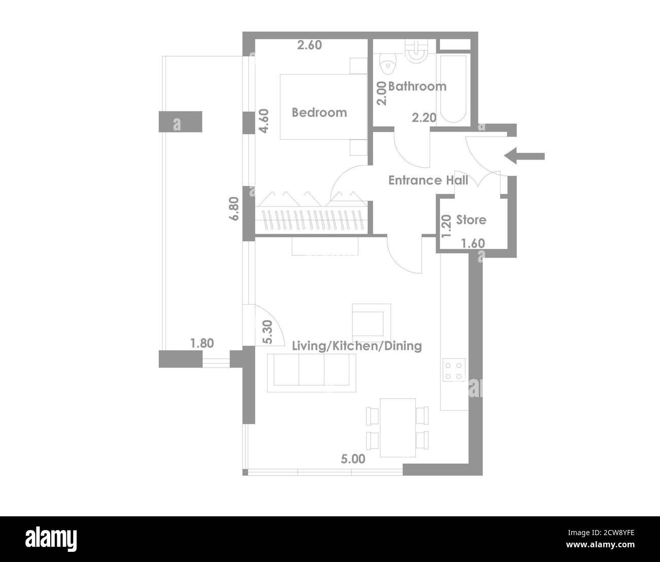 Drawing. 2d floor plan. Black&white floor plan. House with interior, floor plan, blueprints and colored walls on a white background. Stock Photo