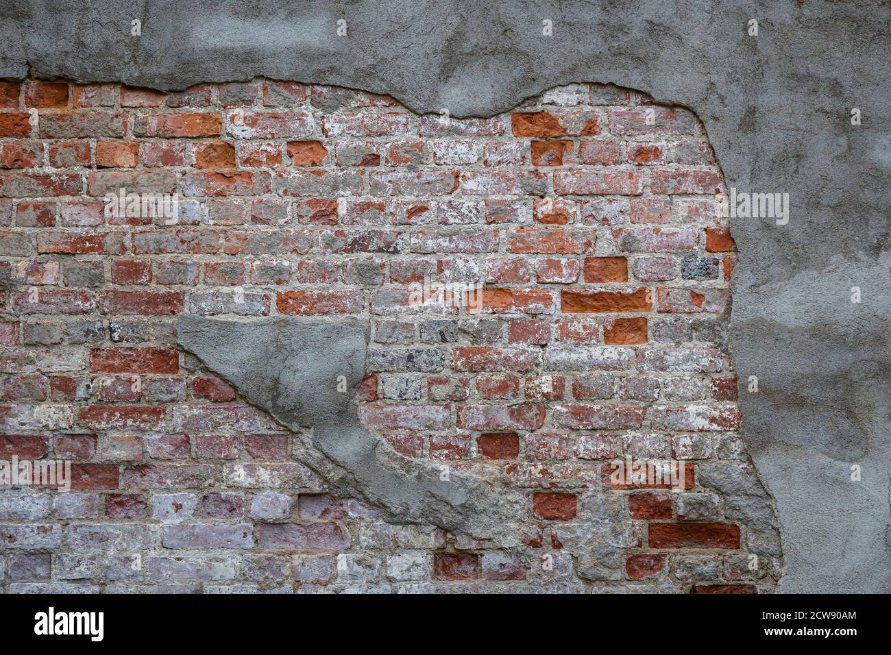 Front view of an old, dirty and weathered wall. Gray plastering is broken revealing old bricks. High resolution full frame textured background. Stock Photo