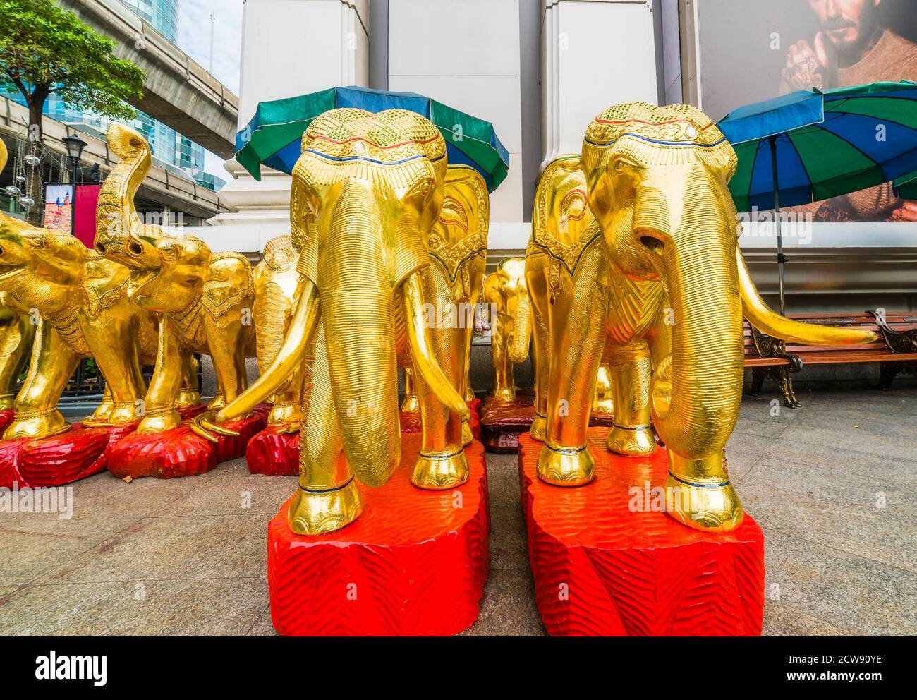 Many Golden Elephants Statue at Erawan Shrine, Bangkok Thailand Stock