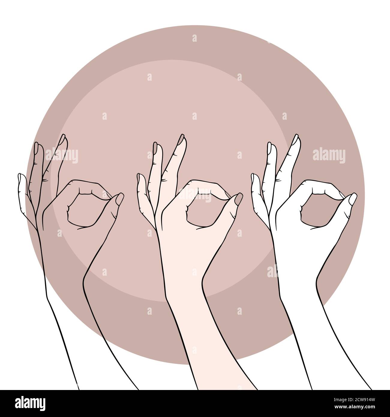 Ok sign Yes Hand sign set. Okay Light skin and Black on white hands Okey hand silhouette. All right fingers Vector Woman hand. Female wrist. . Vector illustration Stock Vector