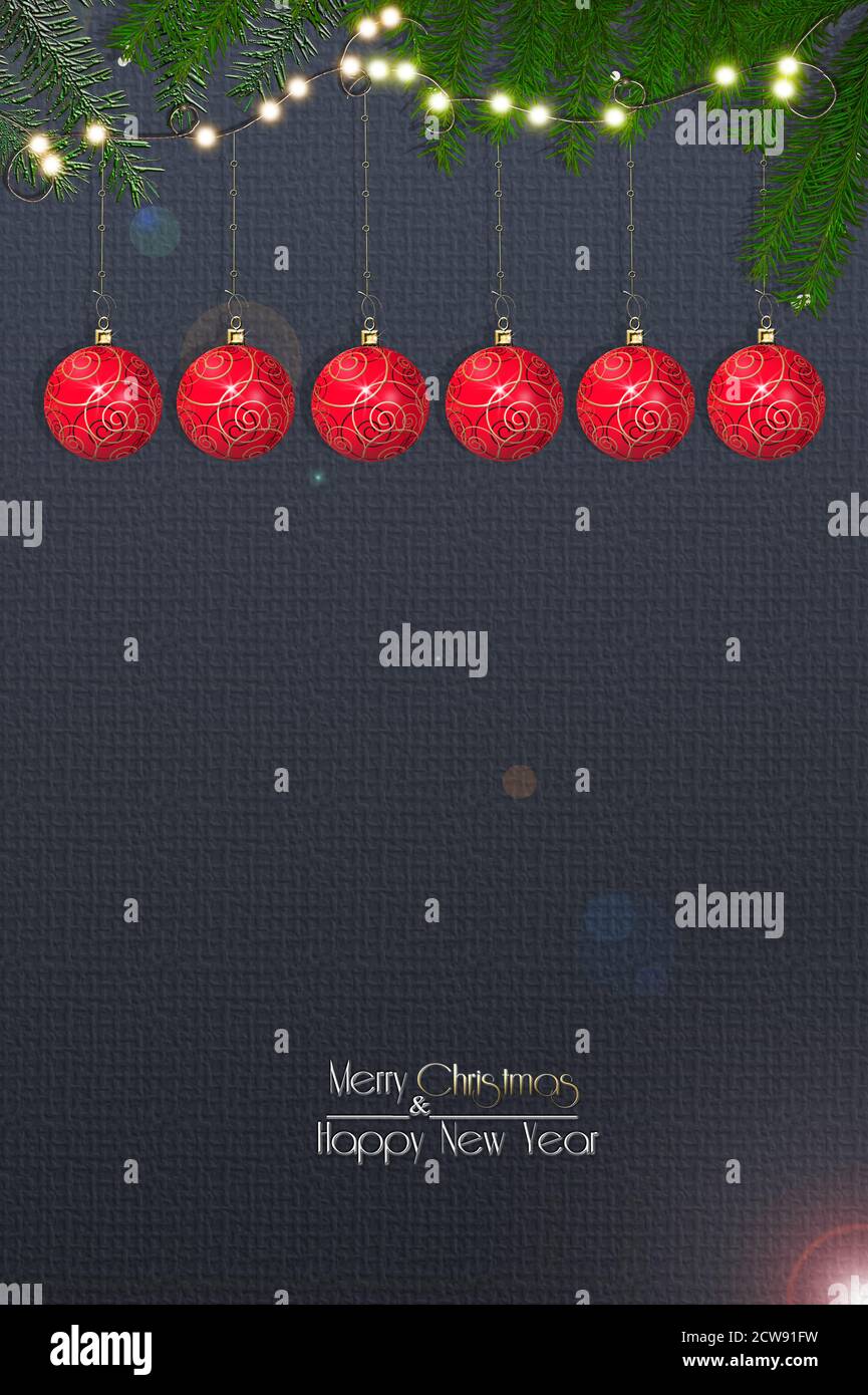Christmas modern background. Red realistic baubles, fir branches, lights on dark blue background. Text Merry Christmas Happy New Year. Copy space, mockup. 3D illustration Stock Photo