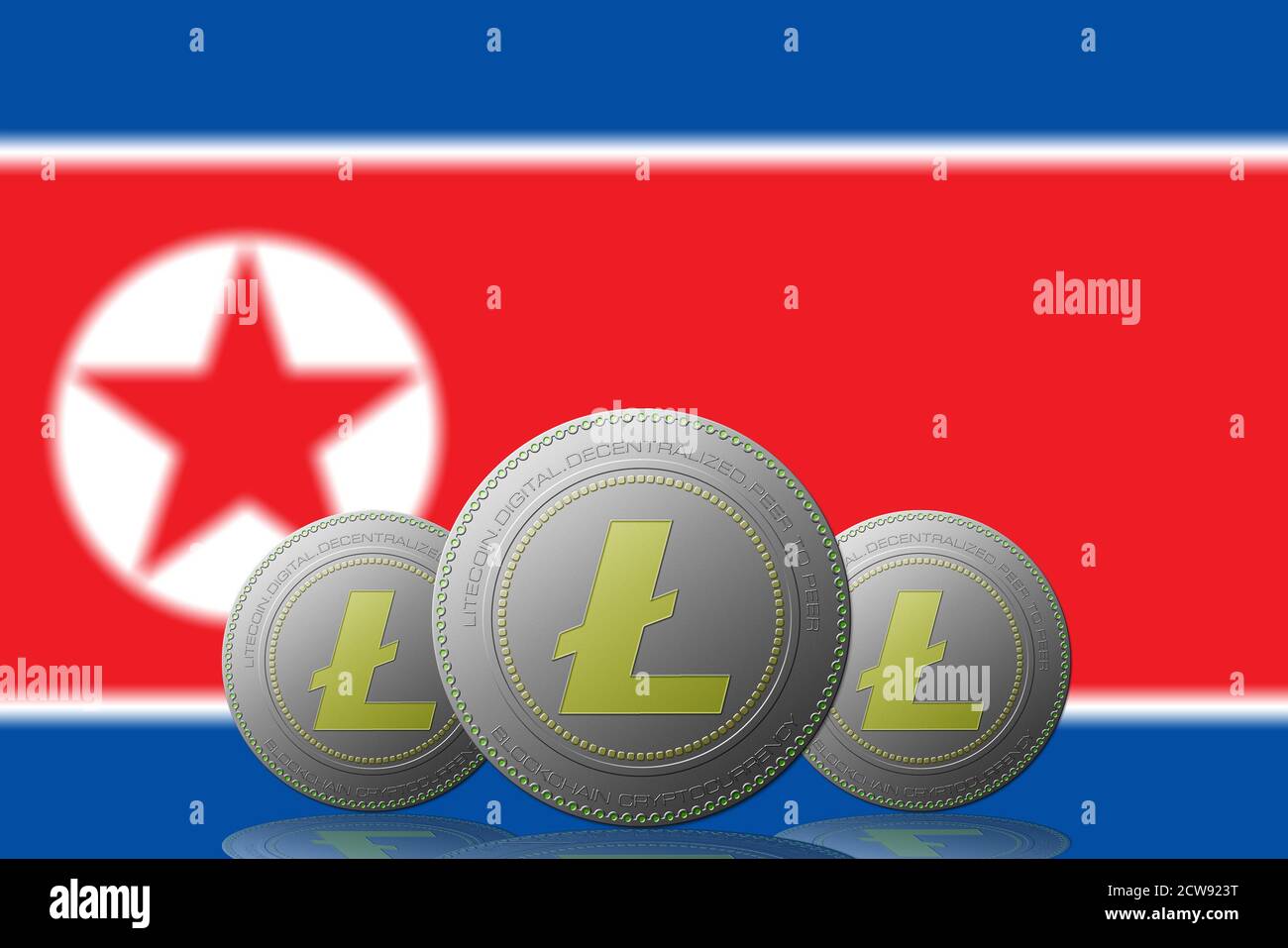 3D ILLUSTRATION Three LITECOIN cryptocurrency with North Korea flag on  background Stock Photo - Alamy