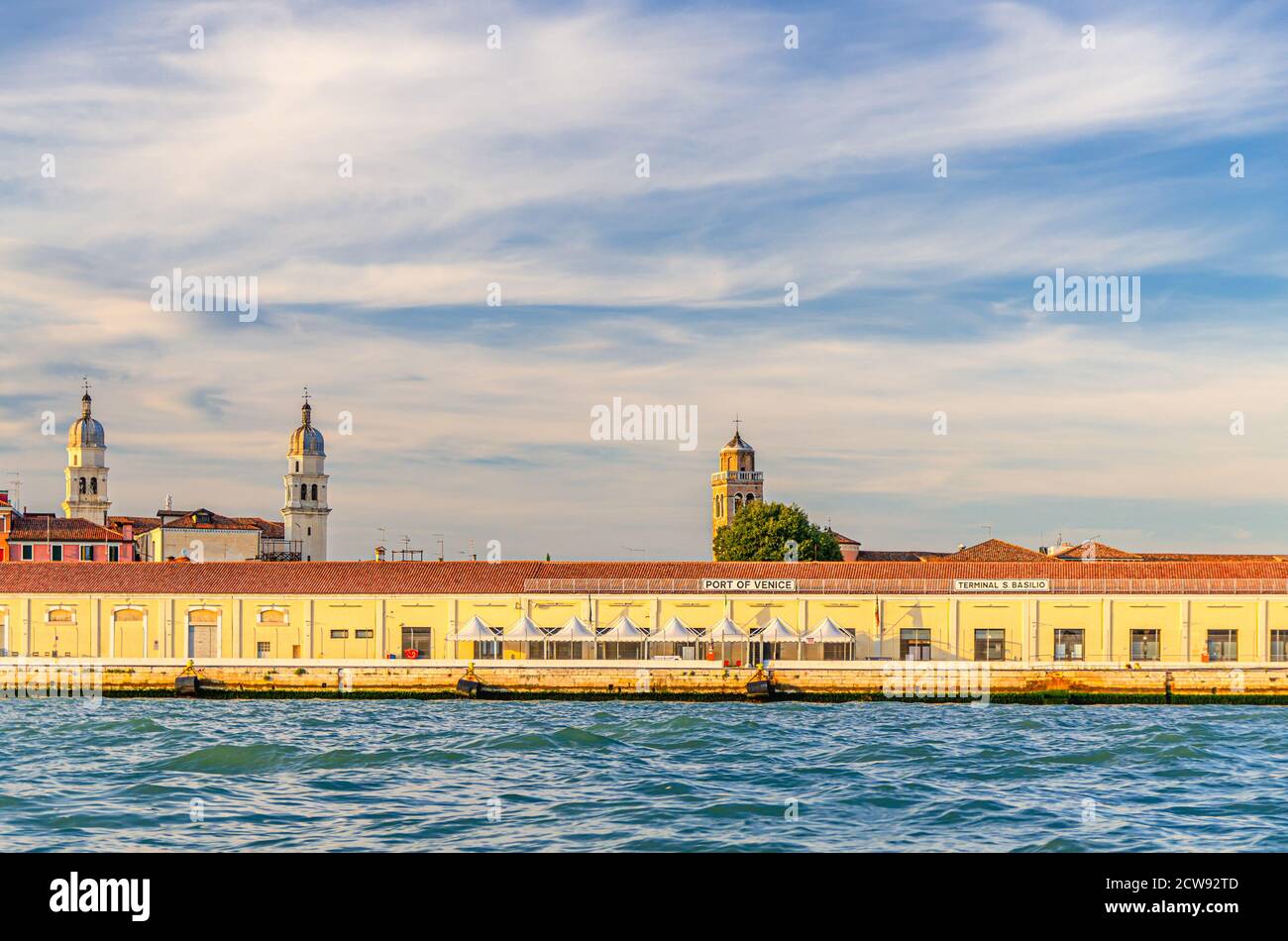Port of Venice on embankment of Fondamenta Zattere in historical city centre Dorsoduro sestiere, view from water of Giudecca canal, Veneto Region, Italy Stock Photo