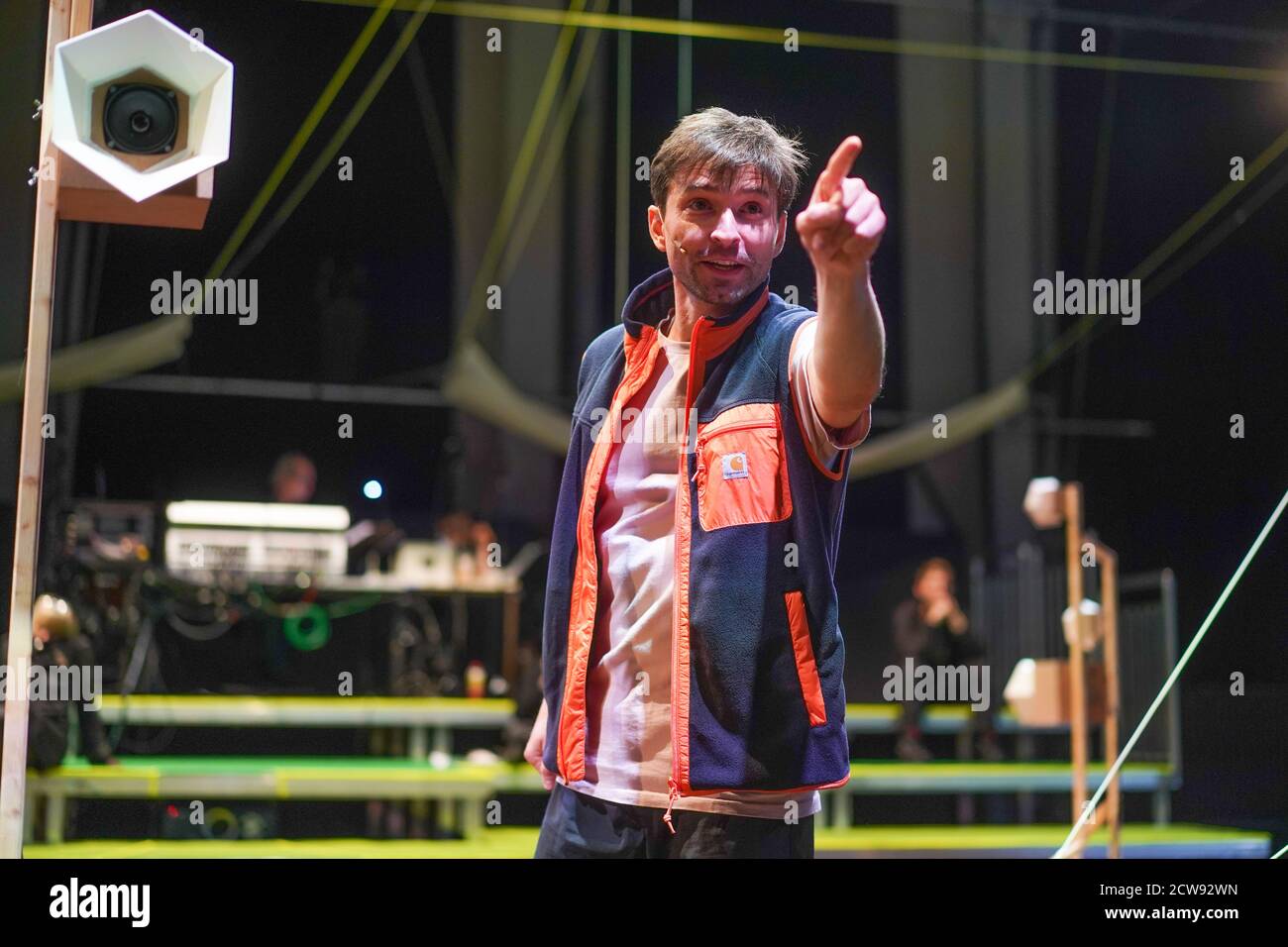 Berlin, Germany. 28th Sep, 2020. The performer Falk Rößler is standing at the photo rehearsal for the play "Waldesruh. Ein Zeltlager ohne Bäume" on the stage of the carpentry workshop of the Deutsche Oper. The play celebrates its premiere on October 02, 2020. Credit: Jörg Carstensen/dpa/Alamy Live News Stock Photo