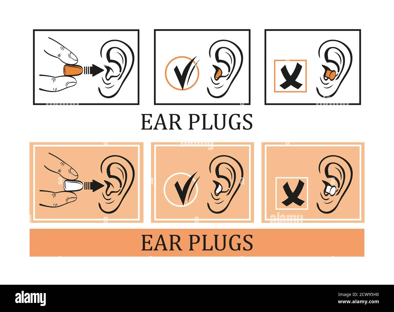Protective earplugs from noise vector icon set. Instruction for using foam ear plugs. Packaging design.Protect against sound during travel, sleep Stock Vector