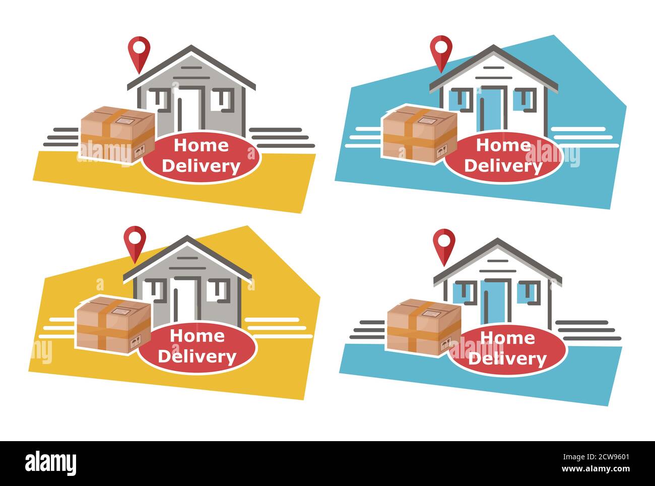 Home express delivery to door service icon set. Cardboard package on house doorstep. Online shopping. Fast courier shipping of orders Stock Vector