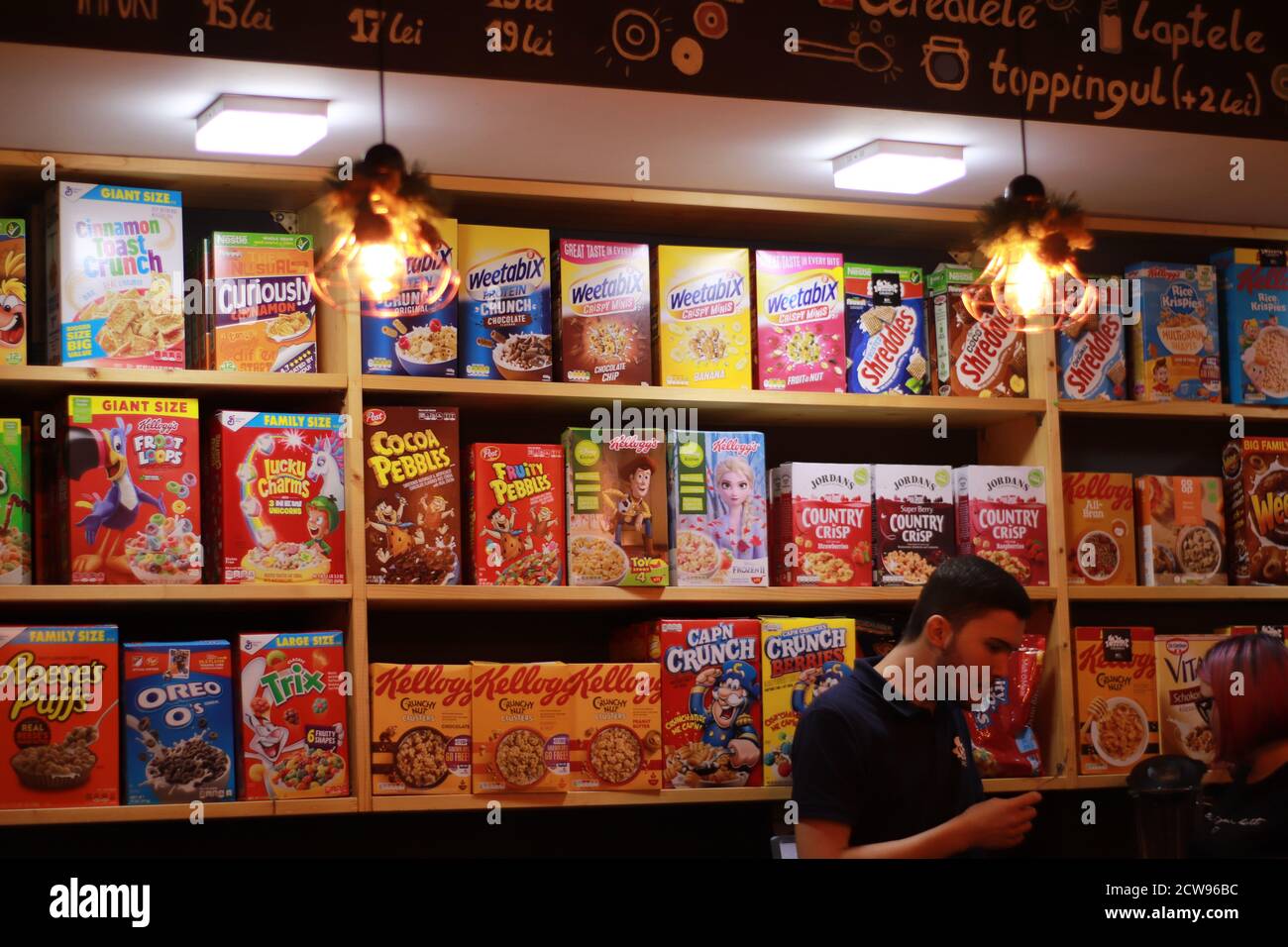 Types of Cereals on display in a coffee shop, milk and cereal shop