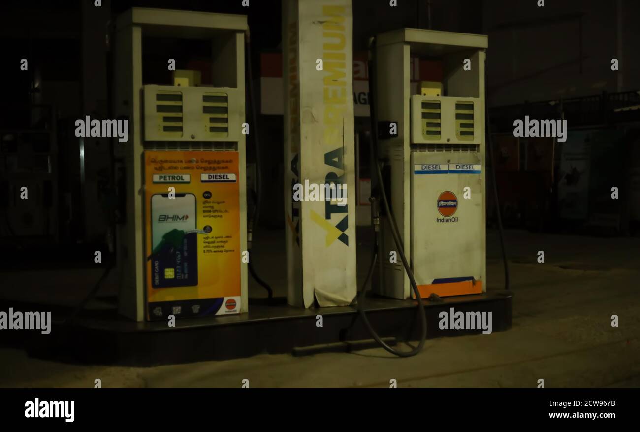 A Petrol Bunk or Fuel Station at Night Views Stock Photo