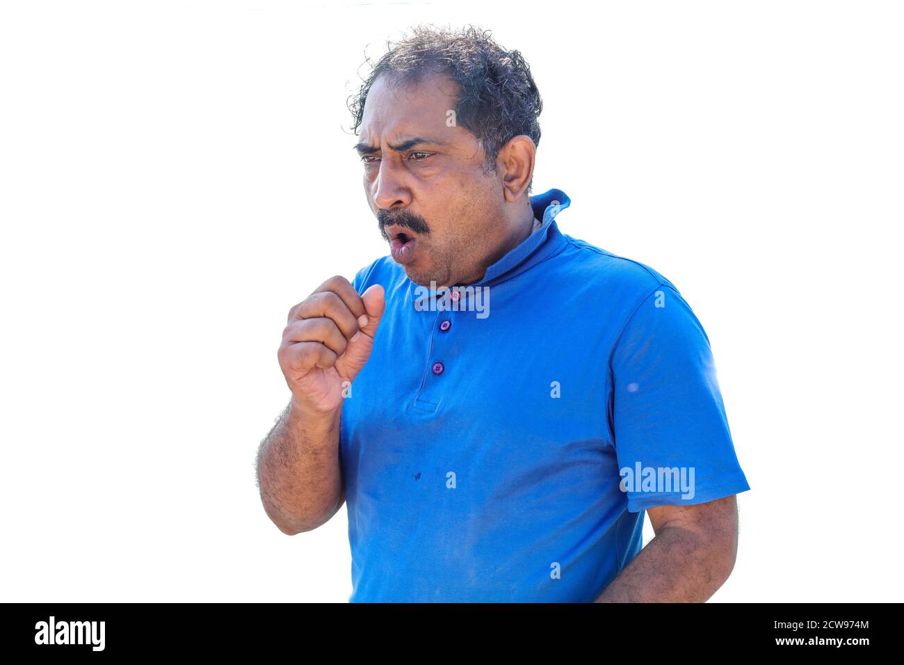 Sick Indian man coughing; Portrait of ill man cough due to cold, flu, allergy, polluted air