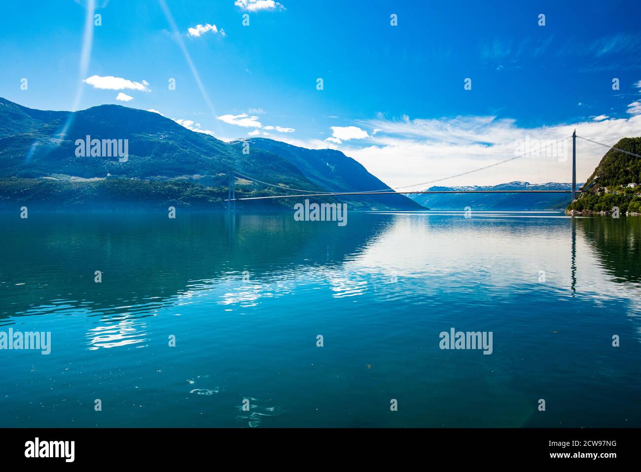 Hardanger suspension bridge in Hardanger fjord connecting Oslo and Bergen , Norway Stock Photo