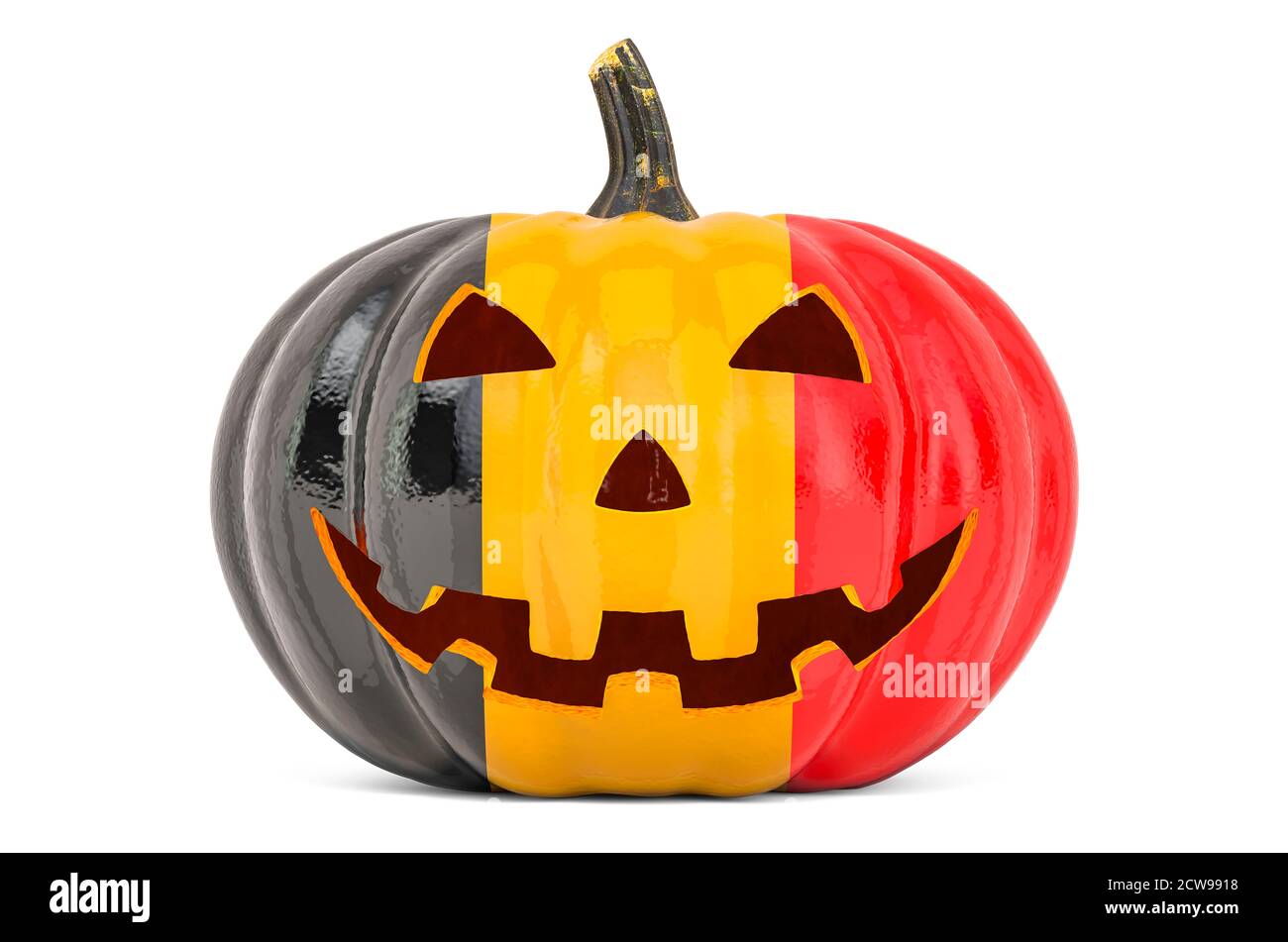 Halloween in Belgium concept. Evil carved pumpkin with Belgian flag, 3D