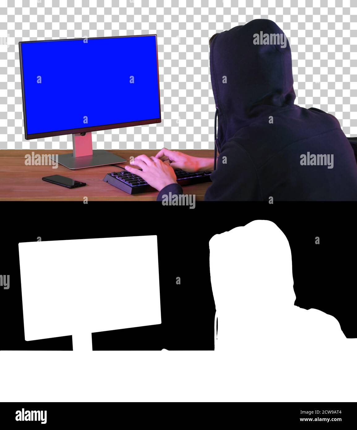 Hacker in hood cracking code using pc, Alpha Channel with Silhou Stock Photo